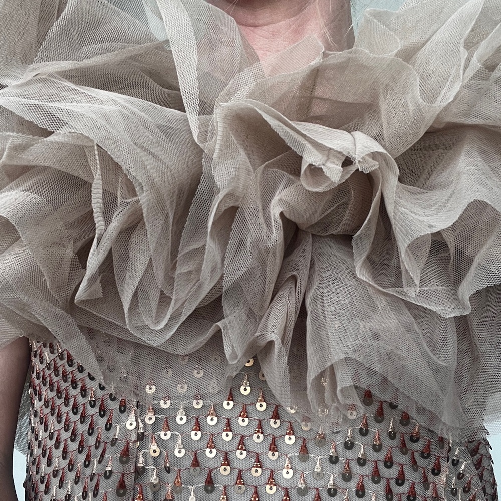 Formal Nude Dramatic Ruffled Sequence Blouse - image 8